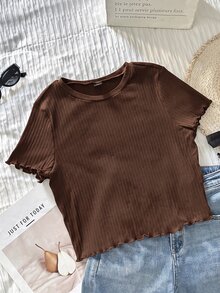 Comfortcana Plus Size Women's Solid Color Crew Neck Short Sleeve Ribbed Casual T-Shirt - Brown - View 5