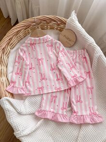 SHEIN 女嬰休閒可愛粉色蝴蝶結長袖居家服套裝 - 粉色 - 查看 2
