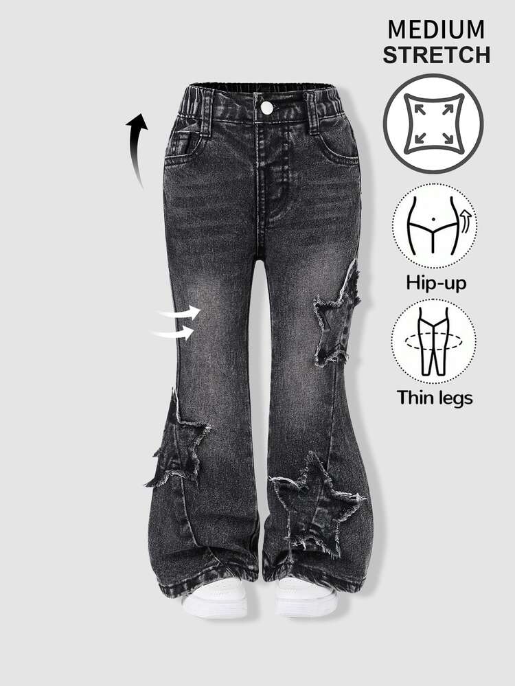 SHEIN Explorewe Young Girl Button Pocket Applique Embroidered Denim Flare Pants - Dark Grey - View 1