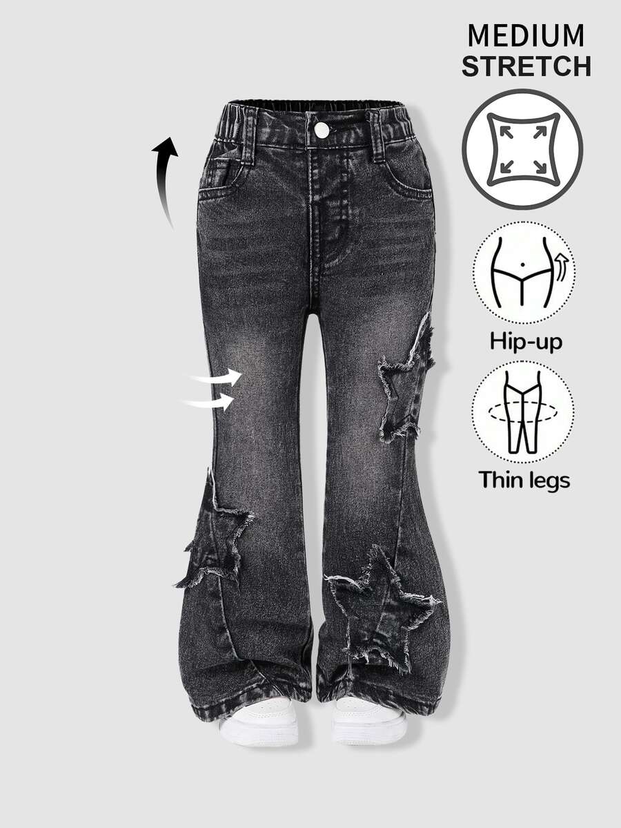 SHEIN Explorewe Young Girl Button Pocket Applique Embroidered Denim Flare Pants - Dark Grey - View 1