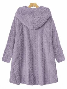SHEIN Clasi 大尺碼冬季舒適麻花編織長袖連帽夾克 - 淡紫色 - 查看 11