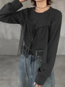 FRIFUL 女款圓領純色長袖上衣與網紗吊帶背心時尚兩件套 秋季 - 灰色 - 查看 6