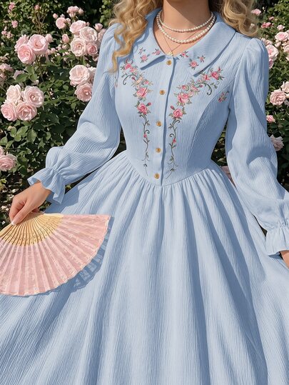 Vintamour Gaun Wanita Elegan Bergaya Vintage dengan Saku, Motif Bunga Kecil, Bordir, Kerah Peter Pan, Kancing, Hem Bergelombang, Berkerut, Gaun Kasual untuk Liburan.