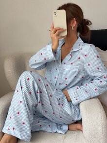 Napfluff Fresh Blue & White Plaid Heart Print Collared Pajama Set, 2 Pieces - Blue - View 4