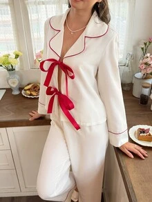 Snug Reverie Minimalist Contrast Trim Lace-Up Casual Home Loungewear 2 Pieces Set - Beige - View 6