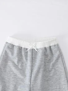 SHEIN 女童（大童）休閒百搭街頭風寬鬆寬腿拼接配色雙腰頭設計秋冬運動長褲 2件組 - 彩色 - 查看 4