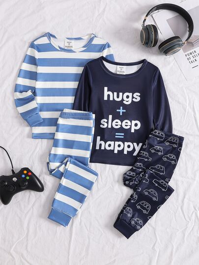 4 piezas/Set Pijamas ajustados para niños con estampado de coche de ingeniería de dibujos animados de moda, manga larga, pantalones largos, conjunto de 2 piezas, ropa de estar en casa