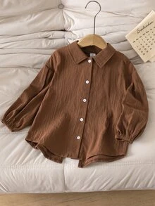 Young Girl Solid Color Casual Versatile Daily Wear Shirt - Coffee Brown - View 1