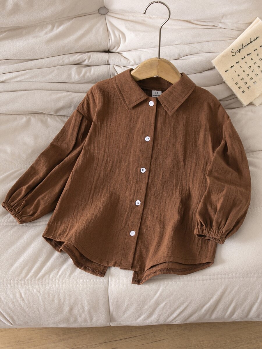 Young Girl Solid Color Casual Versatile Daily Wear Shirt - Coffee Brown - View 1