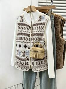 SHEIN Fair Isle 刷毛印花無袖單排扣貼袋復古休閒女款夾克，秋季/日常旅行，棕色與白色波點 - 杏色 - 查看 1