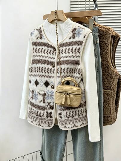 SHEIN フェアアイル柄 フリースプリント ノースリーブ シングルブレスト パッチポケット ヴィンテージ 万能 レディースジャケット、秋/冬