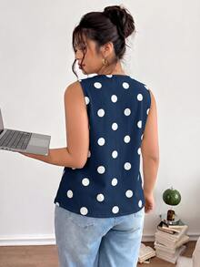 Lounesse Kemeja Wanita Ukuran Besar Motif Polkadot Kasual Serbaguna untuk Aktivitas Sehari-hari - Navy Blue - View 3