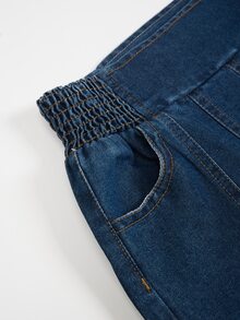 SHEIN 女童高腰寬腿牛仔褲，四季休閒街頭風深藍色水洗，彈性腰帶對比縫線，棉質布料，夏季 - 深色水洗藍 - 查看 4