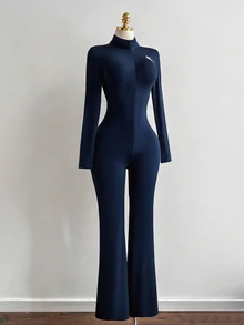 SHEIN Unity Women's Black Autumn/Winter Stand Collar Logo Jumpsuit, Elastic Slim Fit Flattering Front Zipper, European And American Elegant Sexy Streetwear - Navy Blue - View 3