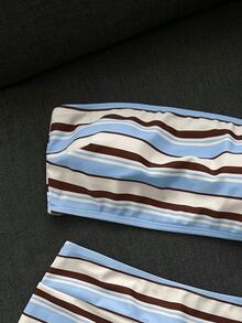 Livesso Bộ bikini 2 mảnh nữ mùa hè đi biển họa tiết sọc, áo bandeau và quần hipster - Nhiều màu - Xem 3