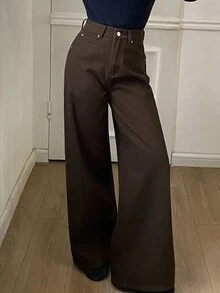 Livesso 女款純色休閒日常穿著寬腿牛仔褲 - 棕色 - 查看 2