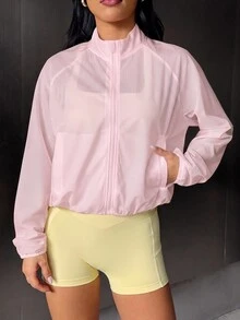 SHEIN Dewbera 女款極簡風網布拉鍊長袖運動夾克 - 粉色 - 查看 3