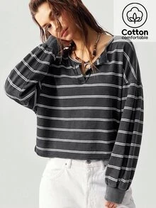Bohemela Women's Striped Drop Shoulder Long Sleeve Casual Loose Sweatshirt - Black and White - View 2