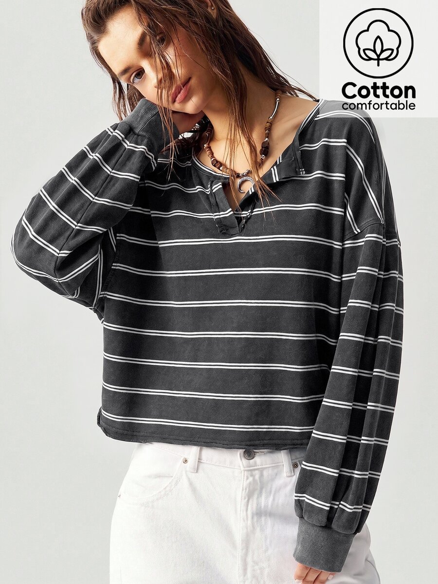 Bohemela Women's Striped Drop Shoulder Long Sleeve Casual Loose Sweatshirt - Black and White - View 1