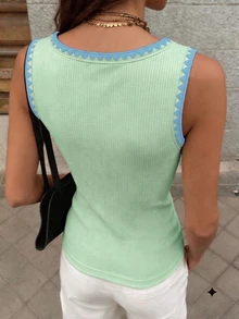 Cévolie French Fashion Vintage Retro Casual Contrast Color Square Neck Cami Top, Minimalist Versatile Slimming Sleeveless T-Shirt, Shell Embroidery Knit - Green - View 3