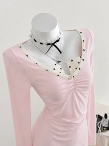 Elamini Women's Polka Dot Colorblock Pleated Casual Daily Wear Romper - Pink - View 4