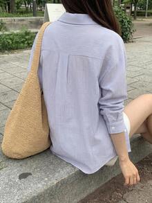 DAZY 女款條紋休閒百搭日常長袖襯衫 - 紫色 - 查看 7