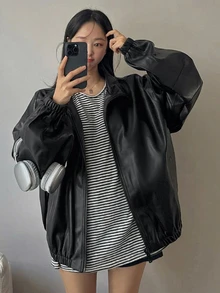 DAZY Women's Solid Color Zipper Casual Street Versatile Daily Travel Long Sleeve Leather Jacket Fall Winter Night Out Black - Grey - View 5