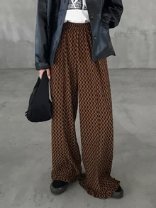 FRIFUL Women's Checkerboard Pocket Wide Leg Loose Casual Vintage Long Pants School Brown Checkered Autumn - Rust Brown - View 3