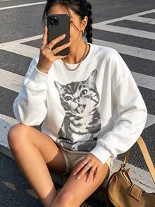 Modelyn 復古像素點貓咪印花女款運動衫，春秋時尚圓領長袖套頭衫，適合休閒日常穿著與街頭風格 - 彩色 - 查看 4