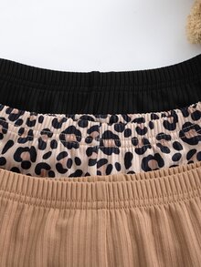 SHEIN Vintaside Kids 3套幼童女童長袖上衣+內搭褲，可愛黑色棕色豹紋羅紋字母印花側開衩長袖圓領，生日派對秋季假期穿搭 - 彩色 - 查看 4