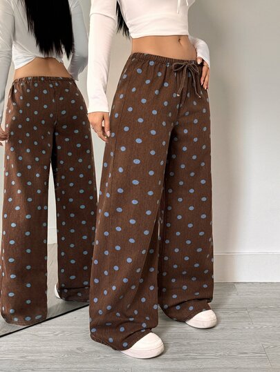 Flexra Women's Retro Polka Dot Fashion Casual Loose Wide Leg Drawstring Long Pants