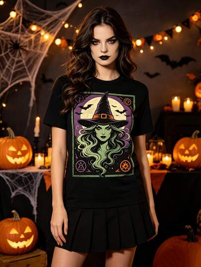 Glisette 2026 Halloween Witch Bat Moon Print Black Short Sleeve T-Shirt Women Round Neck Loose Casual Versatile Holiday Party Atmosphere Top