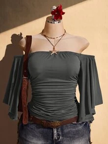SHEIN ICON 女款大尺碼露肩純色抓皺腰部上衣 - 灰色 - 查看 5