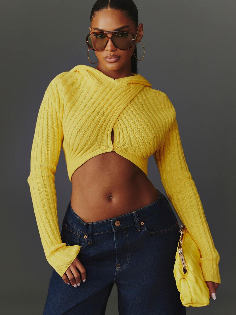 NYA SZN Hoodie Rajut Bergaris Lengan Panjang, Sweater Pendek, Kasual Sehari-hari, Cocok untuk Jalan-jalan, Sederhana, Elegan, Acara Khusus, Sekolah, Imut, Modis, Seksi, Kuning, Musim Gugur, Musim Dingin - Kuning - View 1