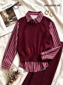Franclia Women's Striped Shirt & Knitted Vest 2 Pieces Set - Burgundy - View 1