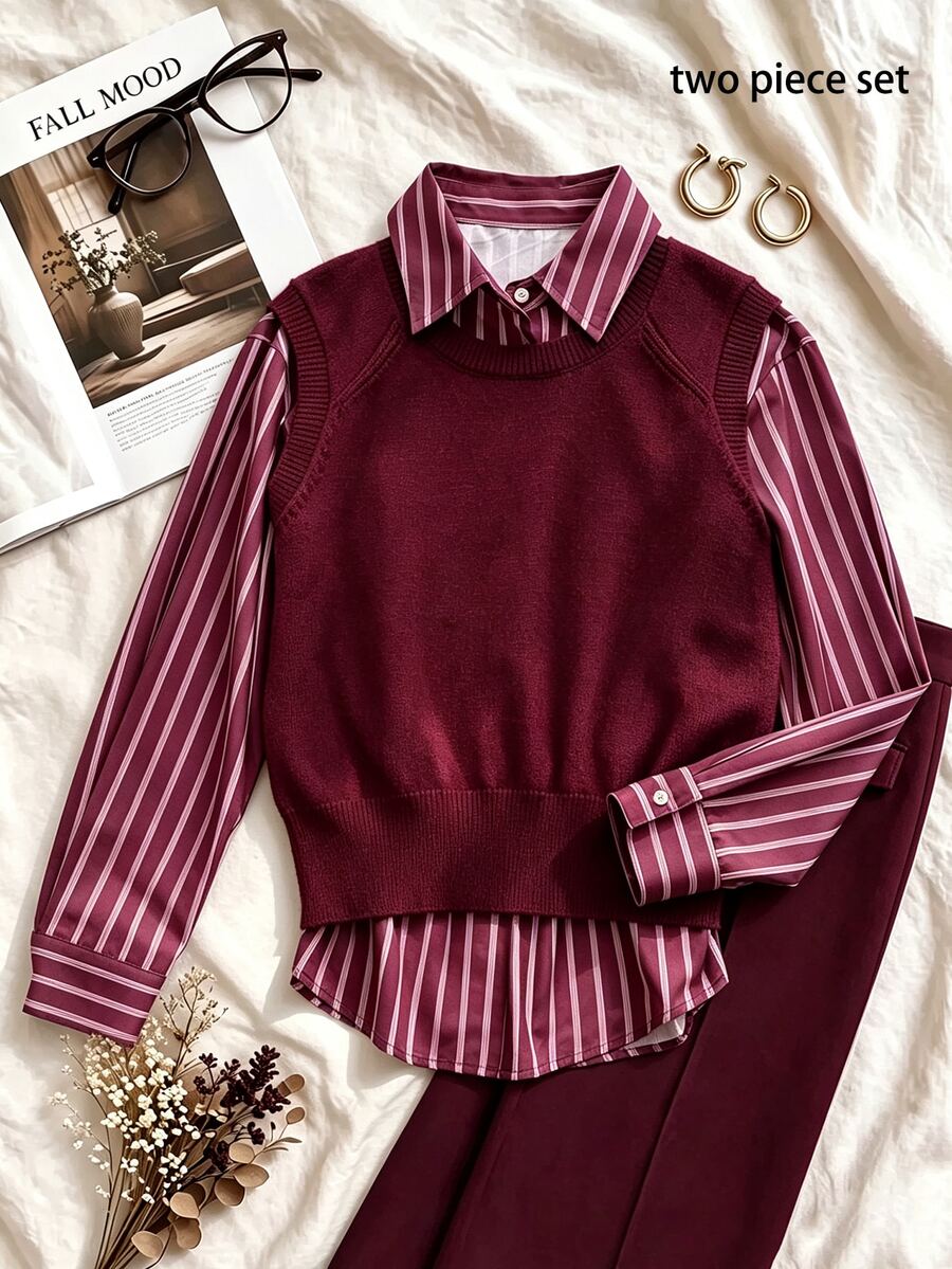 Franclia Women's Striped Shirt & Knitted Vest 2 Pieces Set - Burgundy - View 1