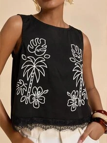 Travachic 女款花卉刺繡圖案休閒日常穿著上衣 - 黑色 - 查看 1