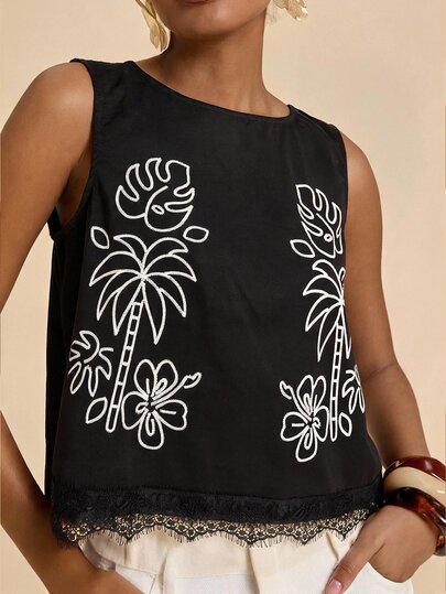 Travachic Women's Floral Embroidered Pattern Casual Daily Wear Top