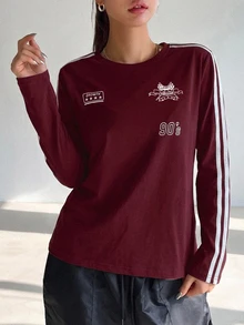 DAZY Women's Colorblock Digital Print Casual Everyday Long Sleeve T-Shirt Fall - Burgundy - View 6
