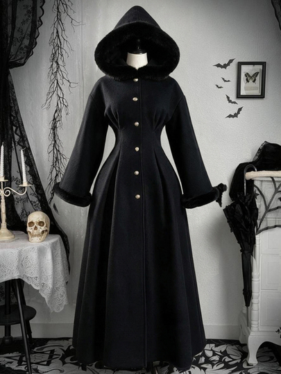 Whyspr Elegant Fashion Button Decor Frayed Hem Patchwork Flared Long Sleeve Cinched Waist Plus Size Extra Long Overcoat, Daily Elegant Outing, Cinched Waist Fashion Coat, Extra Long Coat
