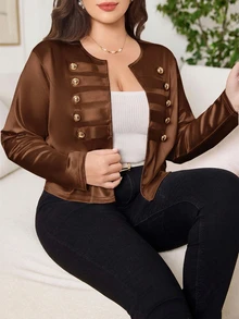 SHEIN Clasi 大尺碼女款純色長袖前開鈕扣外套 - 咖啡棕 - 查看 5