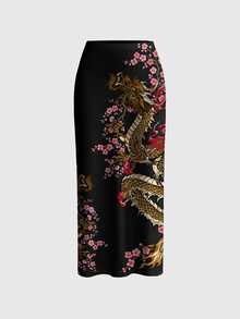 ROMWE Avant Dragon New Chinese Style Dark Punk Pattern Print Sexy High Slit Plus Size Skirt - Black - View 2