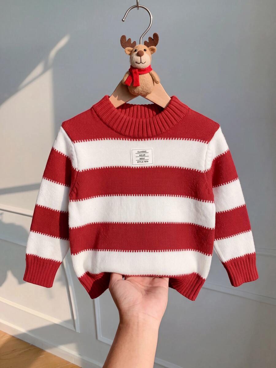 Baby Boy Patchwork Color Casual Daily Long Sleeve Sweater - Red - View 1