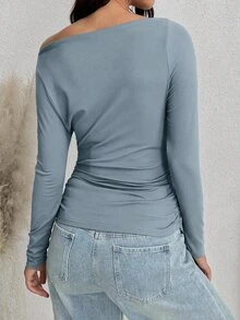 SHEIN 孕婦純色抓皺不對稱領長袖修身T恤 - 霧霾藍 - 查看 2