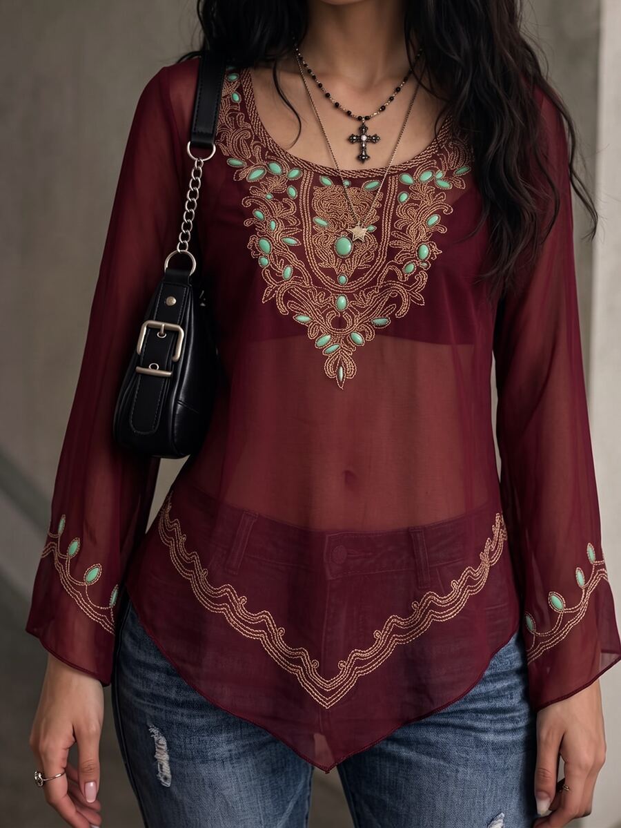 INAWLY Women's Mesh Casual Sheer Long Sleeve Top For Daily Wear - Burgundy - View 1