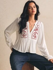 Poéselle Kemeja Motif Bunga Liburan Vintage Prancis - Red and White - View 1