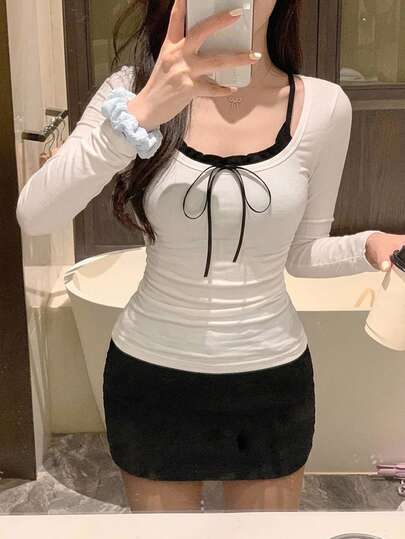 DAZY Women's Patchwork Colorblock 2 In 1 Slim Fit Long Sleeve Halter Neck Ruched Casual Vacation Korean Style Spring Autumn T-Shirt Top