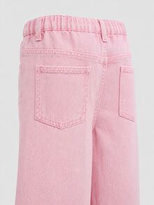 SHEIN Elladie kids Denimly 春夏大童女孩牛仔褲，淺粉色寬腿軟心刺繡鬆緊腰，搭配簡約白色T恤上衣，適合上學、生日，可愛風格 - 粉色 - 查看 6