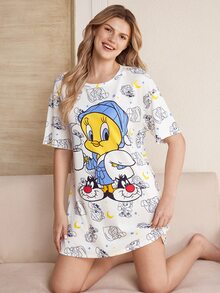 LOONEY TUNES X SHEIN Set Piyama Atasan dan Celana Pendek Motif Kartun untuk Wanita - Putih - View 1