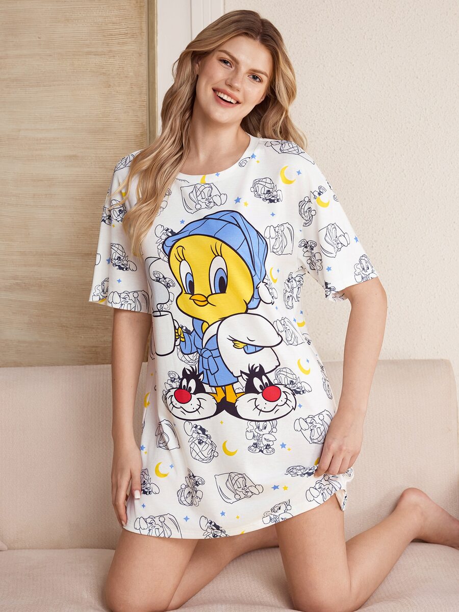 LOONEY TUNES X SHEIN Set Piyama Atasan dan Celana Pendek Motif Kartun untuk Wanita - Putih - View 1